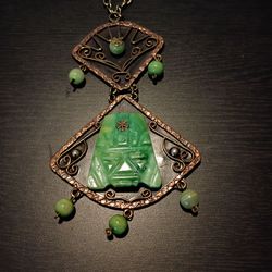 Vintage Mexican Copper  Pendant Necklace Green Onyx Mexican Jade Beads Aztec Mayan Style