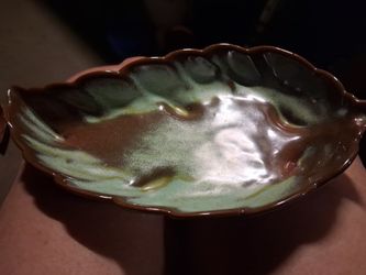 Frankoma Pottery Green Brown Ceramic Leaf Dish Bowl
