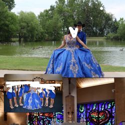 Blue and gold quince dress for sale!