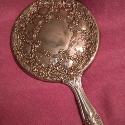 Vintage Ornate Silver Plated Vanity Hand Held Mirror Heavy Victorian Design