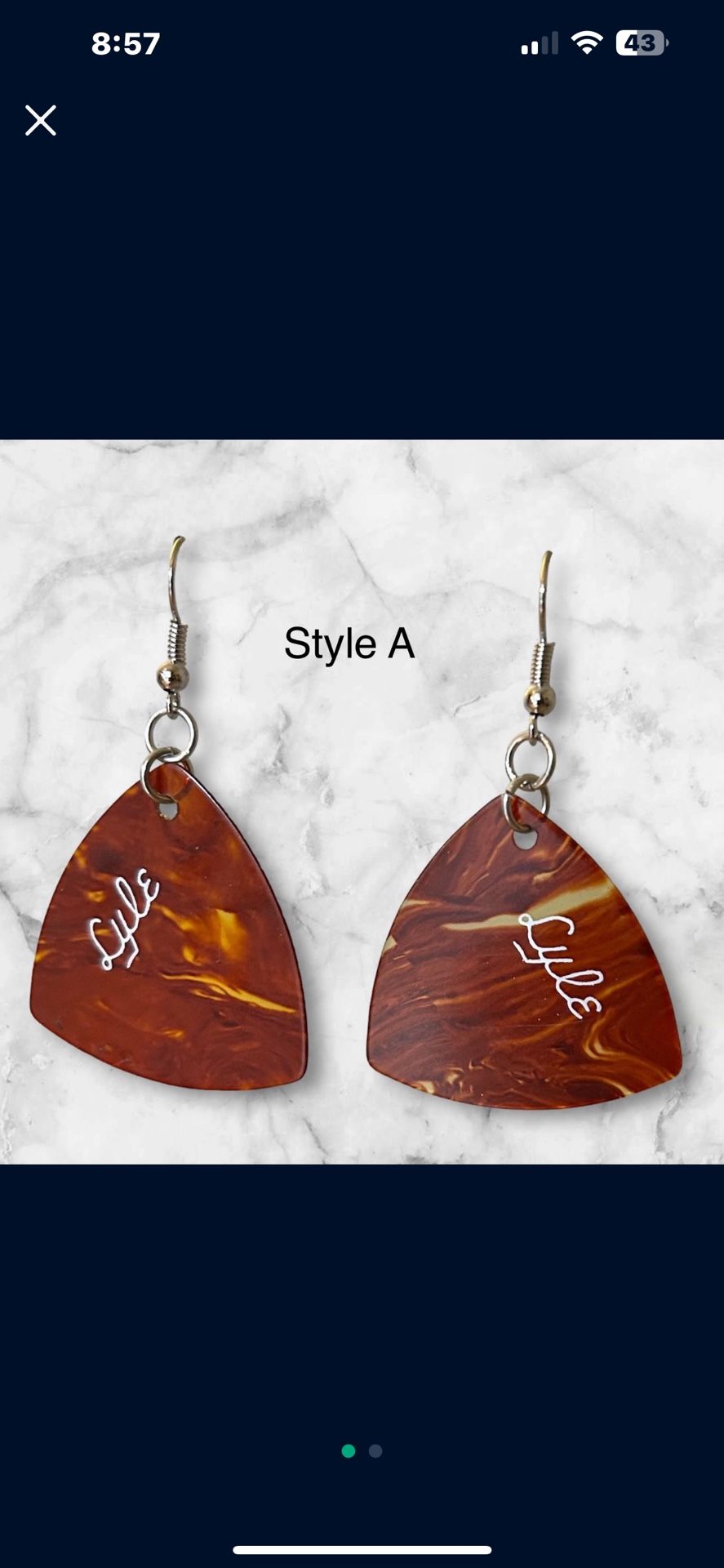 vintage guitar picks tortoise shell celluloid lyle brand made into earrings. NEW!