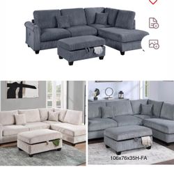 Sectional SofaChaise With Ottoman Storage USB Available I Ivory, Gray,Dark  Corduroy,Gray,Black 106"X76" 