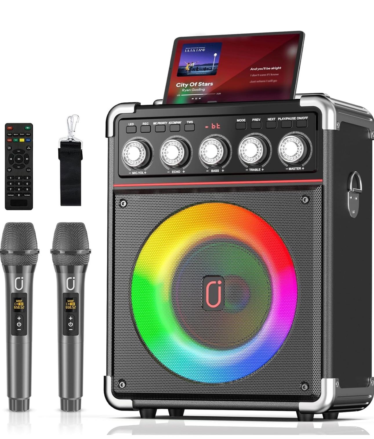 Karaoke Machine for Adults Kids, Portable Outdoor Bluetooth Speaker with 2 Wireless UHF Microphones Supports Remote Control, DJ Light, TF Card/USB/AUX