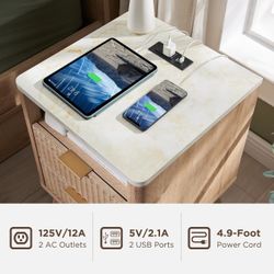 E64 $60  set of 1 Fluted Nightstand with Charging Station, 18" Modern Side Table with Faux Marble Top, 2 Drawers End Table w/Storage, Bedside Table fo