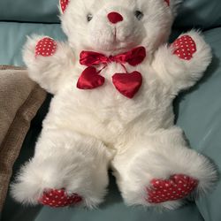 Valentine’s White Bear With Red Hearts Tie And Red & White Polka Dot Paws And Ears 