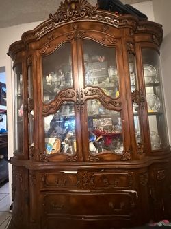 Ornate Wood China Cabinet with Glass Doors
