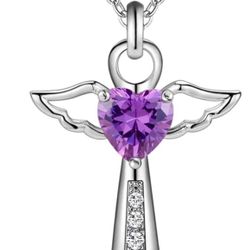 925 Silver Purple/Silver Heart Zircon Cross Pendant Necklace for Woman, NWOT