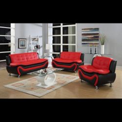 Brand New Black/Red 3pc Faux Leather Sofa Set.