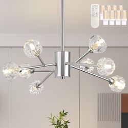 8-Light Crystal Chandelier 27.5" WITH REMOTE Nickel Silver Dimmable Sputnik Pendant Adjustable