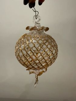 Vintage Clear Blown Glass Gold Lattice Christmas Ornament