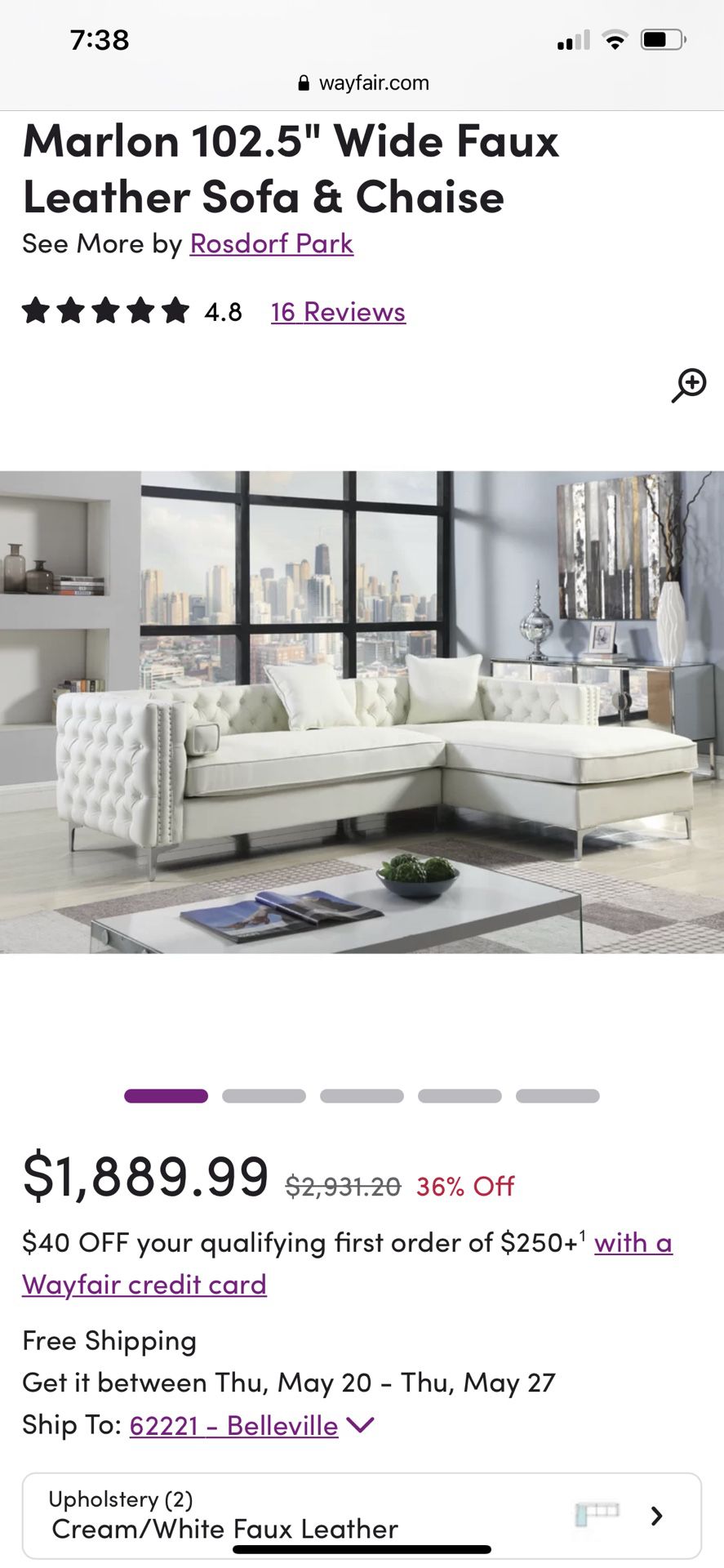 Brand New Wayfair White faux Leather Sectional