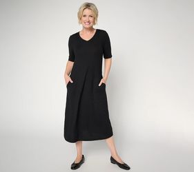 Denim & Co. Heavenly Jersey Elbow Sleeve V-Neck Midi Dress Black, Size Petite 2X