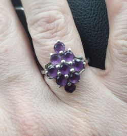 925 Stamped Silver Ring With 9 Round Amethyst Stones! Diamond Shaped Setting! Must See! The photos do not do it justice!
