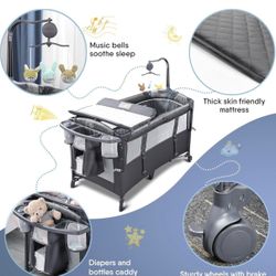 BabyBond Baby Bassinet Bedside Crib, Pack and Play with Sheet, Diaper Changing Table and Music Mobile from Newborn to Toddles, Portable Large Playard