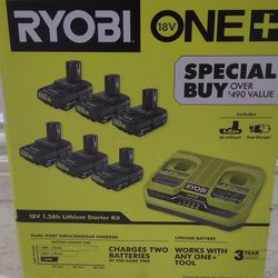 RYOBI
ONE+ 18V (6) 1.5 Ah Batteries with Dual-Port Charger Starter Kit - New