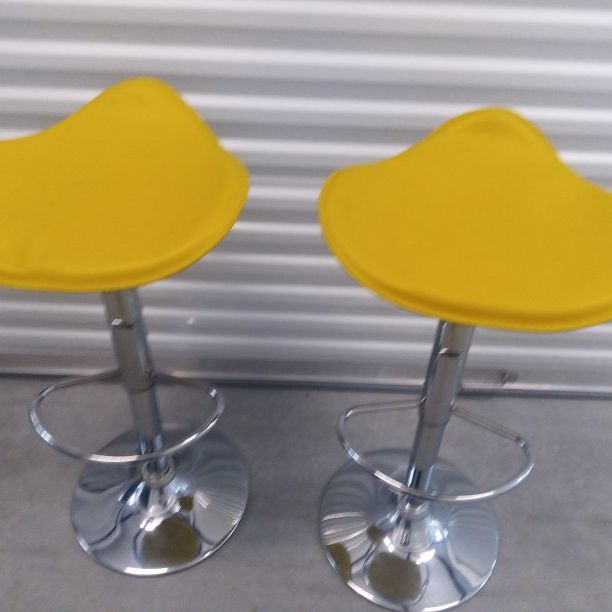 Set of Two Yellow  Leather Gas Lift Adjustable Swivel Bar Stools 