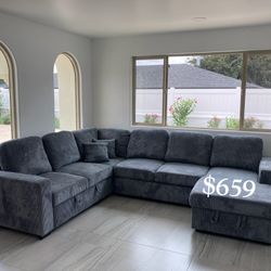 Dark Gray 4-Pc Corduroy Sectional Sofa With Double Storage, Pullout Bed, & USB Port No Tax 