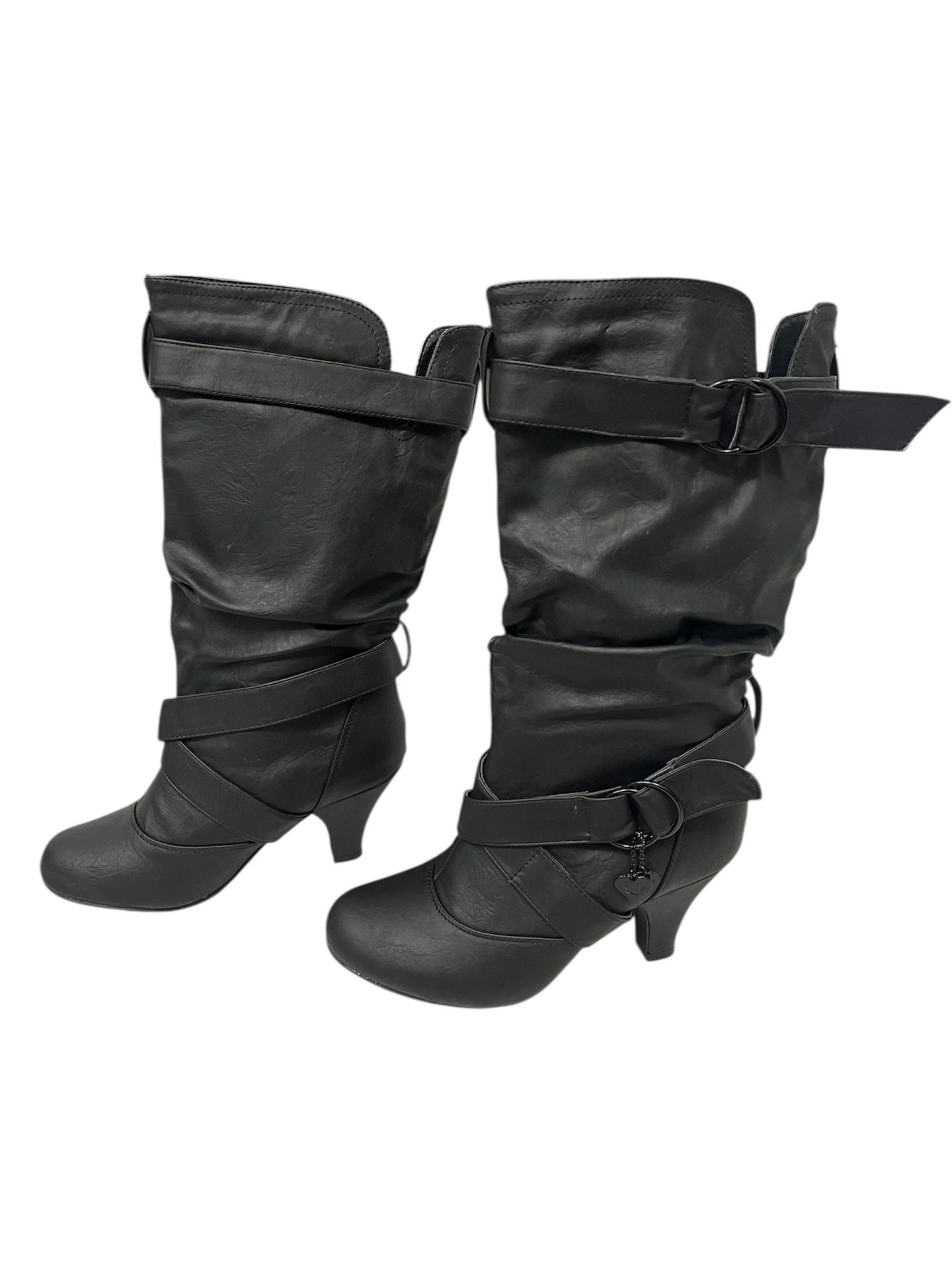 Sheike Black Heeled Boots with Decorative Buckle, Size 10