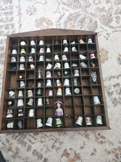 Vintage VTG Thimbles Display Case With 73 Thimbles Unique Lot Wooden Wall
