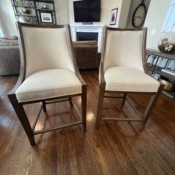Pair of Restoration Hardware French Empire Upholstered and Wood Counter Stool