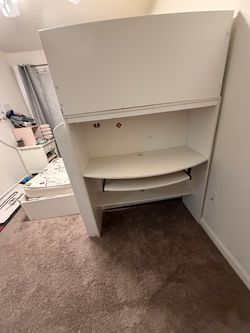 Twin White Wood Loft Bed bottom bunk with Desk