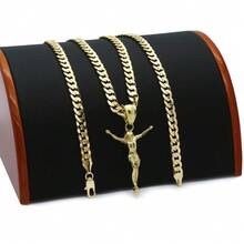 Men's 14k Gold Plated SMALL Jesus Pendant 5mm 24" Cuban Necklace Chain