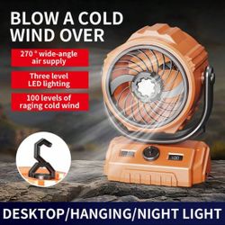 Portable High-Speed Fan With 100 Adjustable Speeds, 3 LED Lighting Modes, 270° Auto Tilt, USB Rechargeable For Camping Hiking, Long Battery Lif