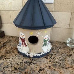 Hand Painted Round Wood Birdhouse: Winter Snowman Shelf Sitter