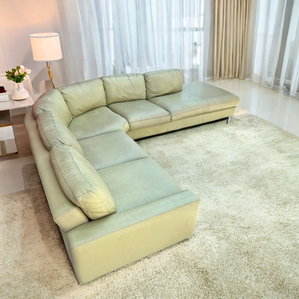Chartreuse Green Leather 110” by 98” 2pc Mid Century Modern Sectional Sofa
