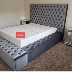 Brand New// Gray Velvet Queen Storage Platform Bed Frame Cama// King Size Available,  Mattress Sold Separately 