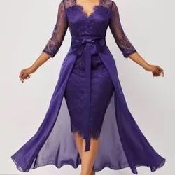 Woman Purple Large Lace Dress With Long Skirt