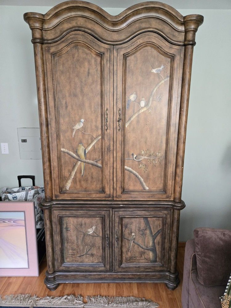 Gorgeous, Huge Armoire With Birds Hand Painted On The Front And Sides