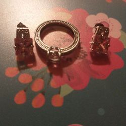 18.00 💞 Gorgeous Silver Toned Earrings And Ring With Light pink Gem. June's Birthstone.