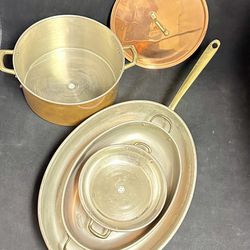 Copper Stainless Brass Handles Pot & Fry Pans Fish Pan 4 Piece Set Korea