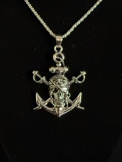 Silver Pirate Skull Anchor Halloween Necklace