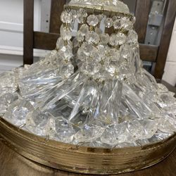 European Antique 1950s Vintage Cut Crystal And Brass Ceiling Light Fixture 10in