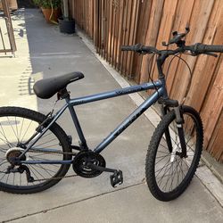 blue mountain bike with phone holder included