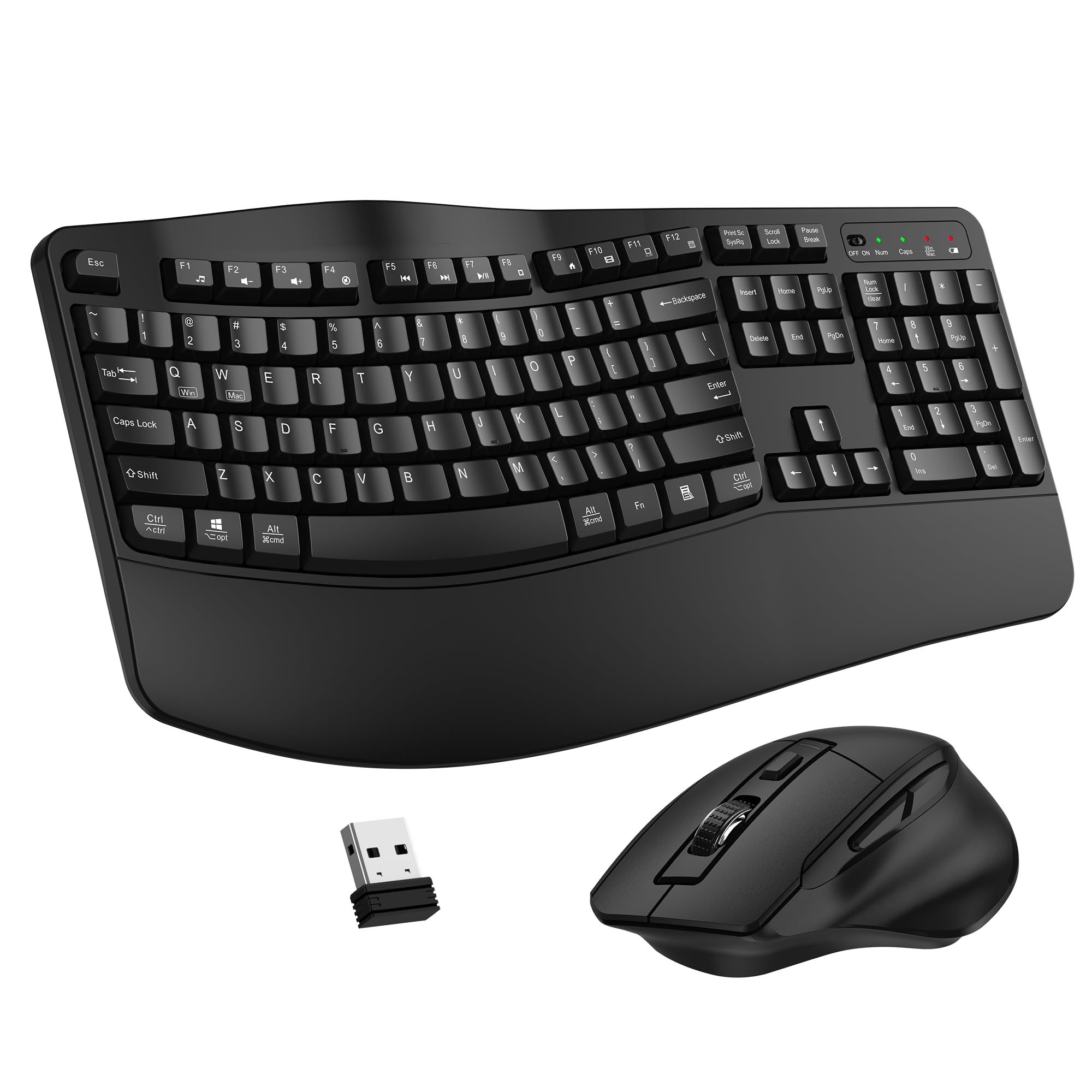 Wireless Keyboard And Mouse Combo, 2.4G Full Size Wave Keys Ergonomic Keyboard With Wrist Rest And 3-Level DPI Adjustable Wireless Ergonomic Mouse For