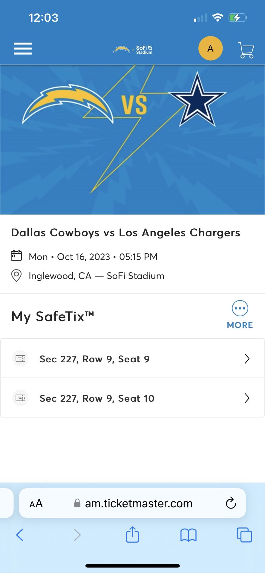 Cowboys v Chargers At SoFi 10/16 MNF for Sale in Monrovia, CA