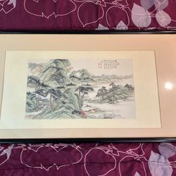 VINTAGE ASIAN SEASCAPE MOUNTAIN PAINTING POEM STAMPED SIGNED FRAMED