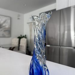 Vintage Blue Swirl Art Glass Vase 8” Hand Blown Style