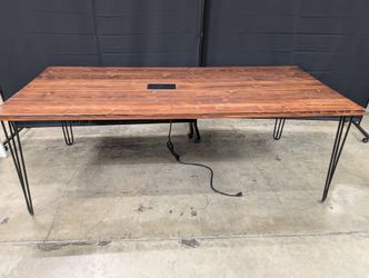 Industrial Wood Plank Desk with Hairpin Legs and Integrated Power Module some damage
