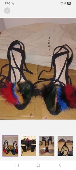Loeffler Randall Fur Pom Lace-Up Heeled Sandals