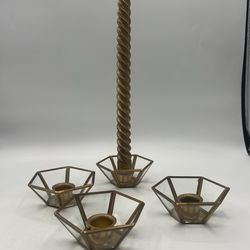 Set of 4 Brass & Glass Hexagon Candle Holders Geometric