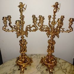 Antique French Bronze Large Paír Of Candelabras With Cherubs Details. Size 26 X 14