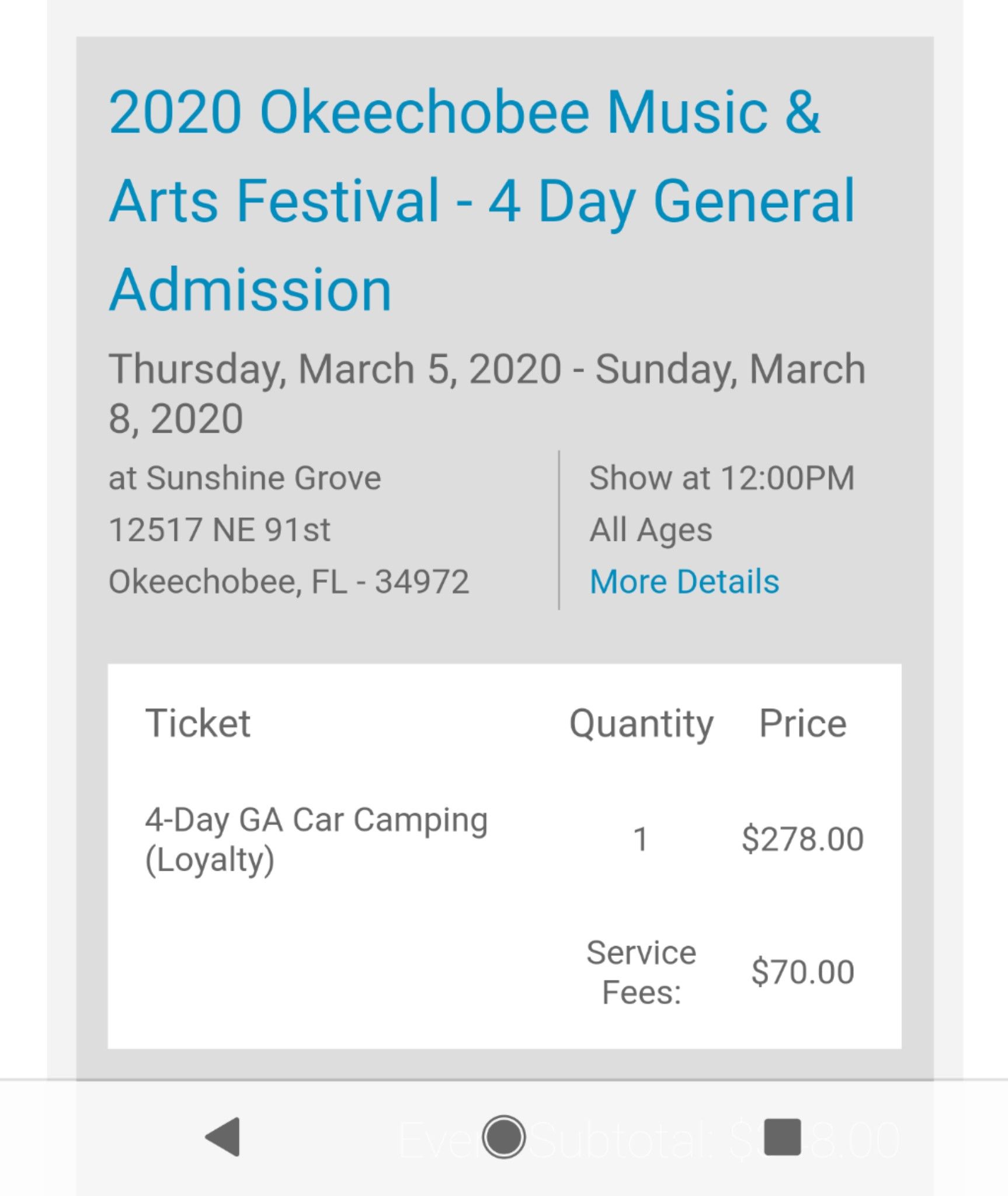 Okeechobee Music Festival GA ticket + Car Camping Pass
