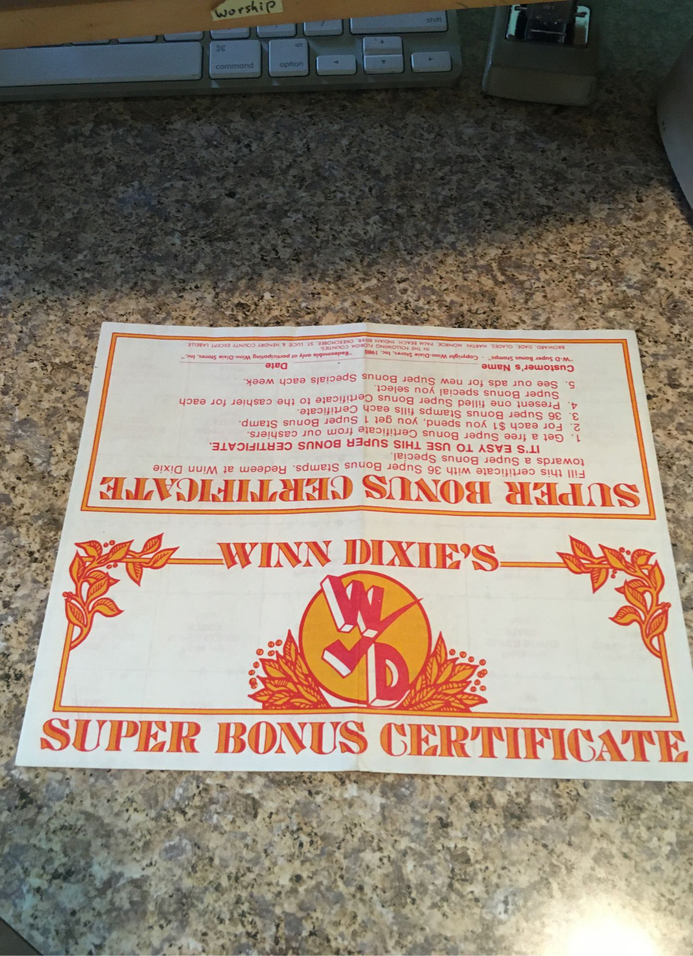 Winn Dixie Super Bonus certificate from 1980 completely filled with bonus stamps
