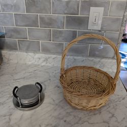 Home Decor Bundle – Wicker Basket + Stainless Steel Coaster Set