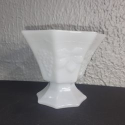 Vintage Milk Glass Pedestal Bowl With Embossed Grape & Leaf Pattern