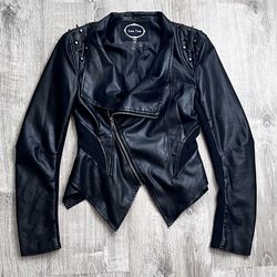 Love Tree Small Black Faux Leather Knit Asymmetrical Stud Zip Punk Biker MOTO Jacket